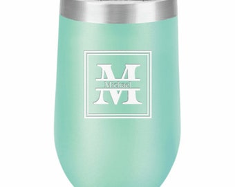 Split Monogram 16 Ounce Teal Insulated Stemless Wine Glass - Free Personalization