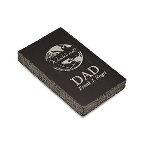 May include: A rectangular black slate coaster with the words "World's best DAD" and "Frank J. Negri" etched in white. The design includes a globe graphic. The coaster has a textured edge.