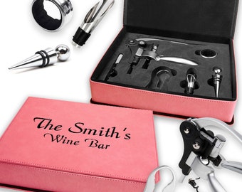 Deluxe Wine Accessory Set in Engraved Rawhide Case - Personalized Wedding Gift Idea Wine Tools Set - Steel 5 Piece Wine Tool Collection