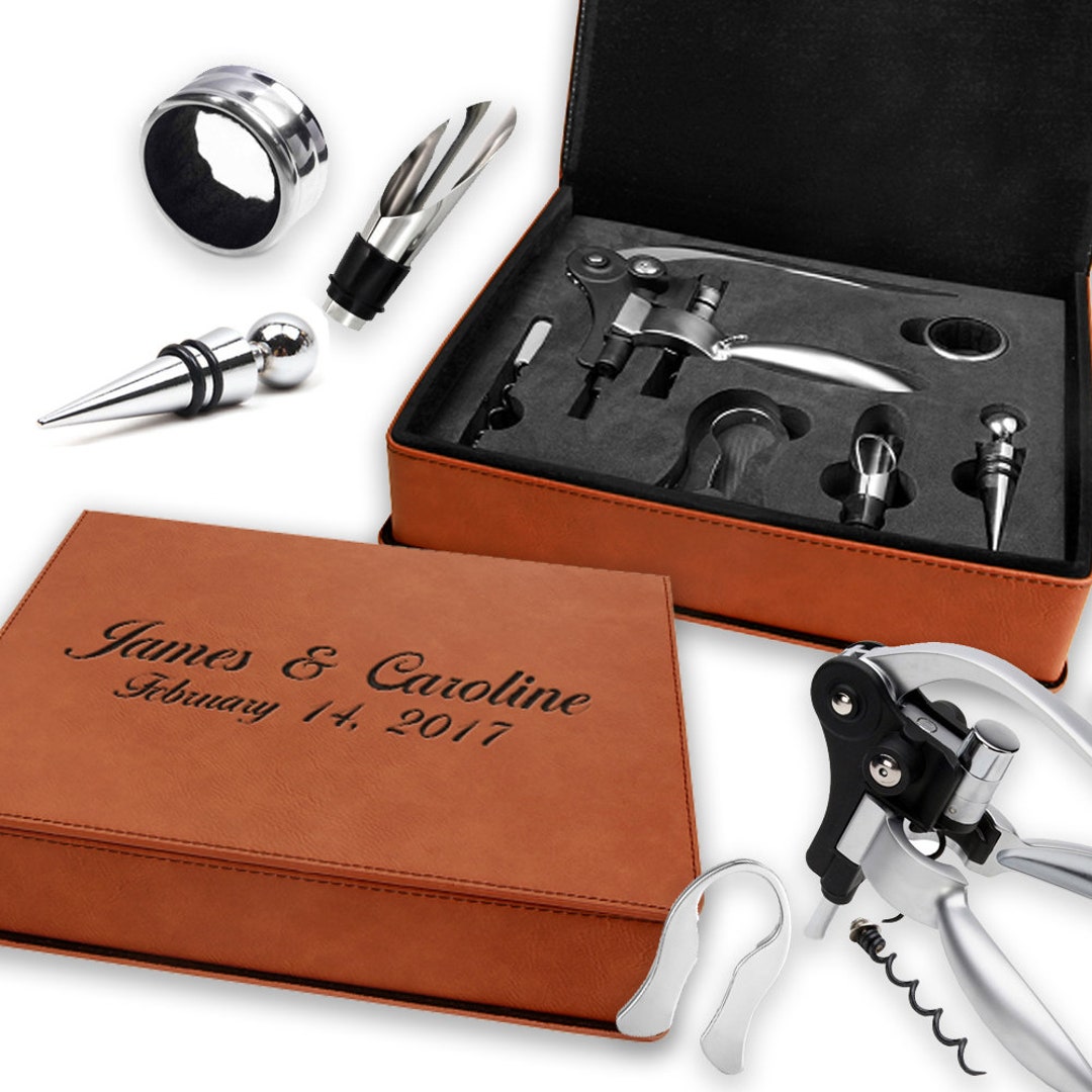 Personalized Wine Accessory Gift Set in Rustic Case - Five Tool Wine Opener Set With Custom ...