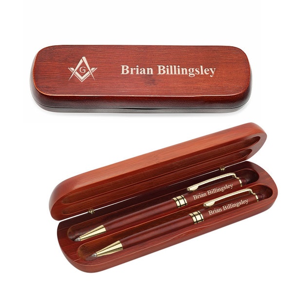 Masonic Pen Set with Free Customized Engraving - Cherry Finish Dual Wood Pen Set with Freemason's Symbol