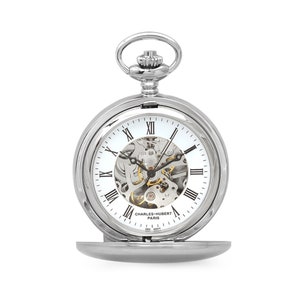 Custom Engraved Silver Dual Opening Pocket Watch - Mechanical Charles Hubert Pocket Watch with Free Personalization