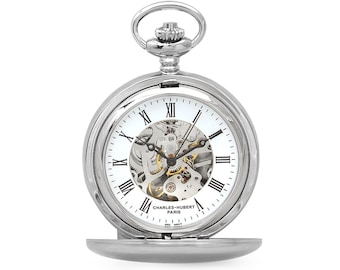 Custom Engraved Silver Dual Opening Pocket Watch - Mechanical Charles Hubert Pocket Watch with Free Personalization