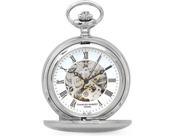 Custom Engraved Silver Dual Opening Pocket Watch - Mechanical Charles Hubert Pocket Watch with Free Personalization