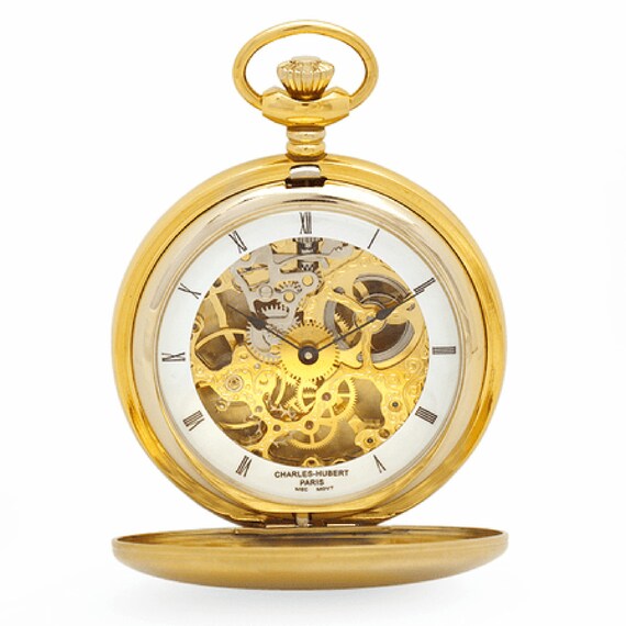 Engraved Gold Mechanical Charles Hubert Pocket Watch & Chain