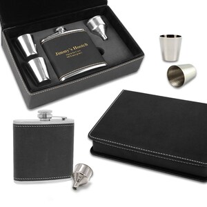 Personalized Black Flask Set with Gold Laser Engraving - Customized Flask Gift Set with Shot Cups and Funnel