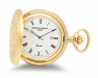 Personalized Gold Quartz Charles Hubert Pocket Watch & Chain #3675