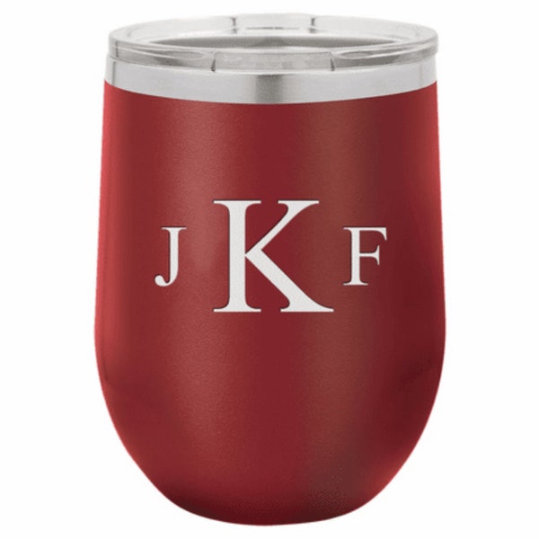Roman Monogram 12 Ounce Maroon Insulated Stemless Wine Glass - Free Personalization