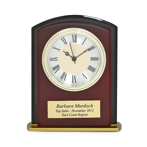 Square Arch Mahogany Finish and Black Glass Personalized Desk Clock - Customized Wood and Glass Tabletop Clock