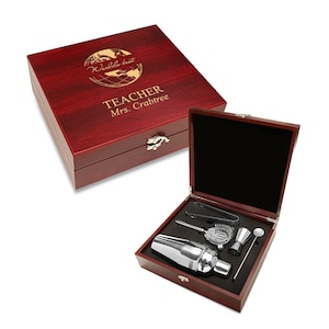 World&#39;s Best Teacher Personalized Barware Set - Customised Martini Set for Teacher - 5 Piece Steel Barware Gift - Boxed Cocktail Shaker Set