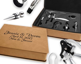 5 Piece Wine Tool Set in Personalized Leatherette Storage Box - Laser Engraved Box with Lever Corkscrew & Steel Wine Accessories Gift Set