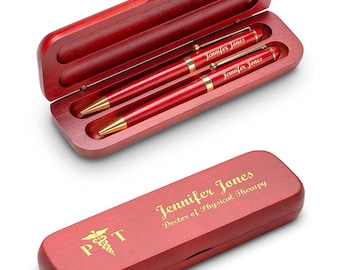 Physical Therapist Theme Personalized Cherry Finish Pen and Pencil Set with Custom Engraving