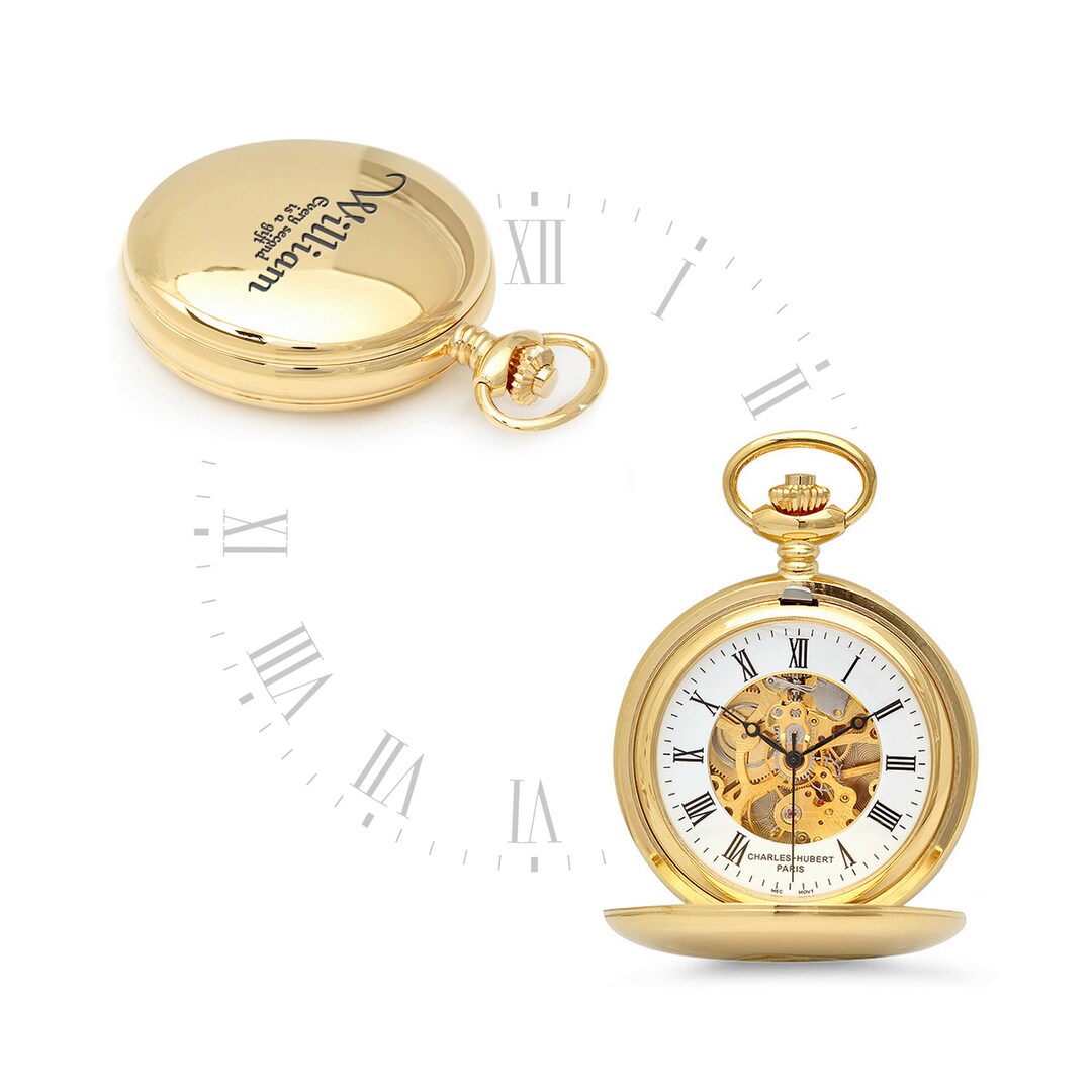 Laser Engraved Gold Men's Pocket Watch Dual Opening Gold Mechanical