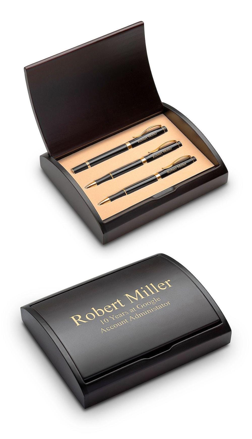 Laser Engraved Three Piece Pen & Pencil Gift Set With Hinged Cherrywood Box - Custom Personalized Pen and Pencil Set