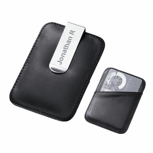 Tarjetero con clip para billetes de piel sintética grabada, Cartera de piel sintética negra y Clip para billetes con personalización gratuita