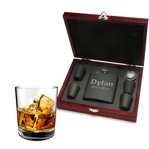 Personalized Black Steel Flask Set with Wooden Box - Custom Engraved Flask & Shot Cup Gift Set