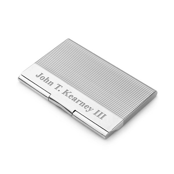 Engraved Engine Turned Business Card Holder - Personalized Silver Business Case With Etched Line Design
