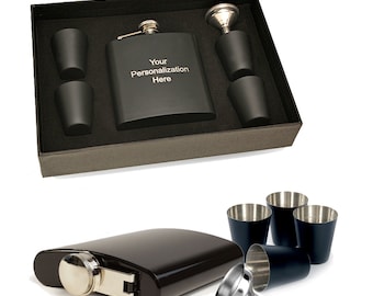 Personalized Black Flask & Shot Cups Gift Set - Custom Engraved Liquor Flask with Funnel and Shot Cups