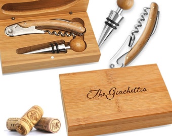 Personalized Custom Engrave Wine Accessory Gift Set - Wine Accessories Set - Bamboo 2 Piece Wine Tool Set - Wine Corkscrew and Stopper Set