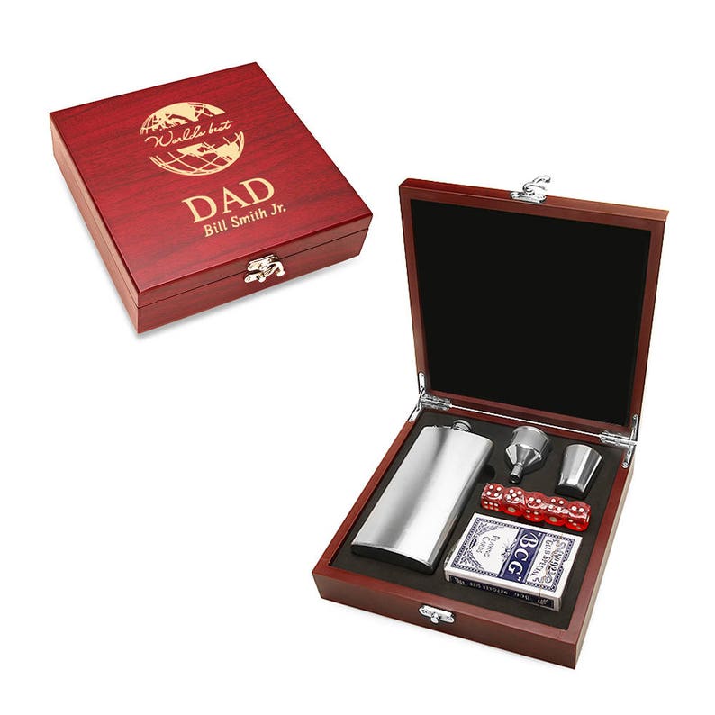 World's Best Dad Gaming & Hip Flask Gift Set Boxed Playing Cards, Dice and Flask Set Personalized Gift Idea for Dad Laser Engraved Box image 1