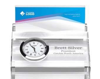 Personalized Crystal Business Card Holder & Desk Clock