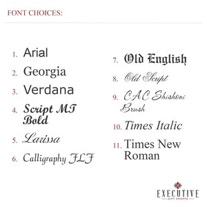May include: A list of 11 different font choices for personalization. The fonts are displayed in a numbered list with the font name and a sample of the font.