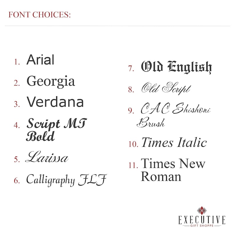 May include: A list of 11 different font choices for personalization. The fonts are displayed in a numbered list with the font name and a sample of the font.