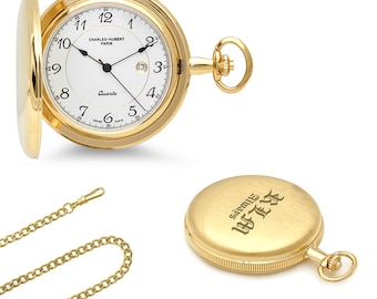 Custom Personalized Gold Men's Quartz Pocket Watch - Engraved Gold Charles Hubert Quartz Fob Watch & Chain