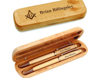 Masonic Theme Maple Wood Double Pen and Box Set