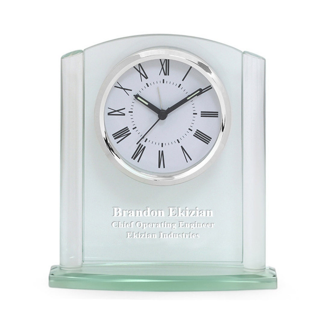 Arched Glass Personalized Desk Clock With Silver Finish Base Customized ...