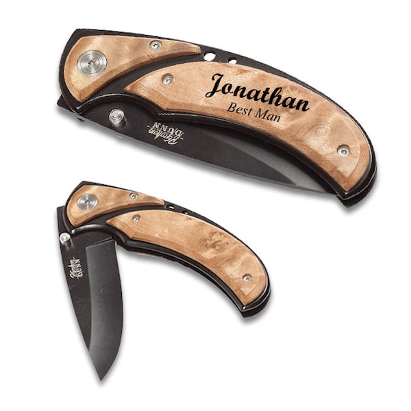 Personalized Wood & Black Steel Pocket Knife - Engraved Wood and Steel Folding Knife - Hunter's 3 1/4" Folding Pocket Knife - Knife Gift