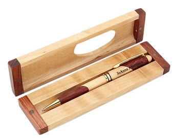 Custom Engraved Maple & Rosewood Two Tone Pen and Box - Custom Personalized  Wood Ballpoint Pen Set