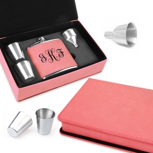 Custom Script Monogram Pink Hip Flask Set - Personalized Bachelorette Hip Flask Gift Set