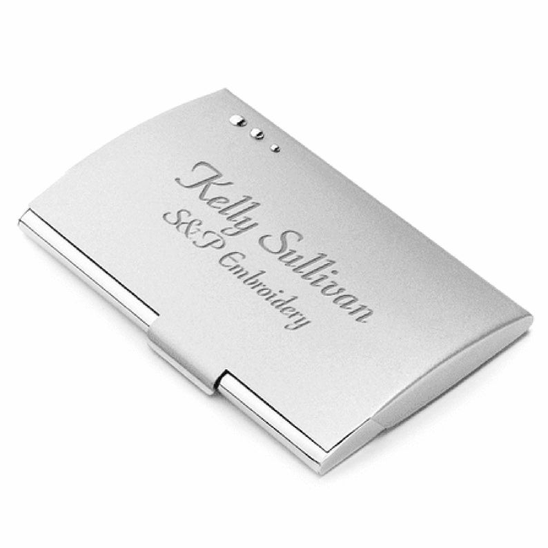 Engraved Silver Tone Business Card Holder with Three Dot Design
