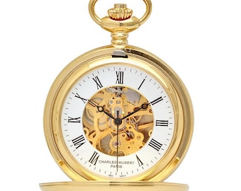 Dual Opening Gold Mechanical Charles Hubert Pocket Watch and Chain