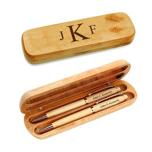 Roman Monogram Maple Wood Double Pen and Box Set - Free Personalization