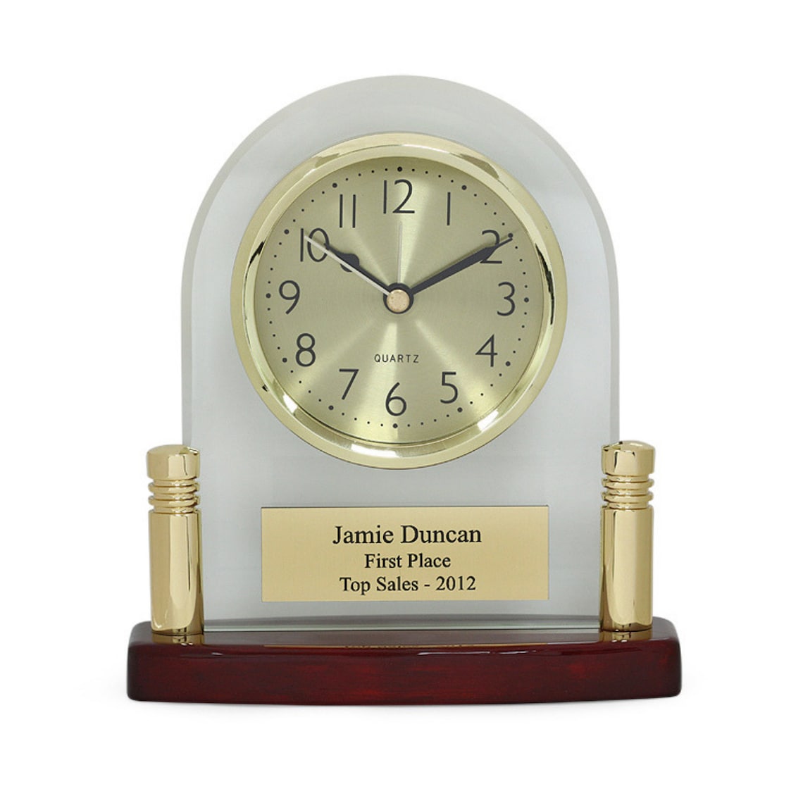 Arched Glass Personalized Desk Clock With Piano Finish Base Etsy