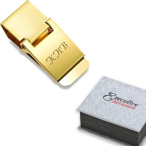 Clip de dinero con bisagras grabado en oro pulido - Clip de dinero con bisagras en tono dorado con personalización gratuita