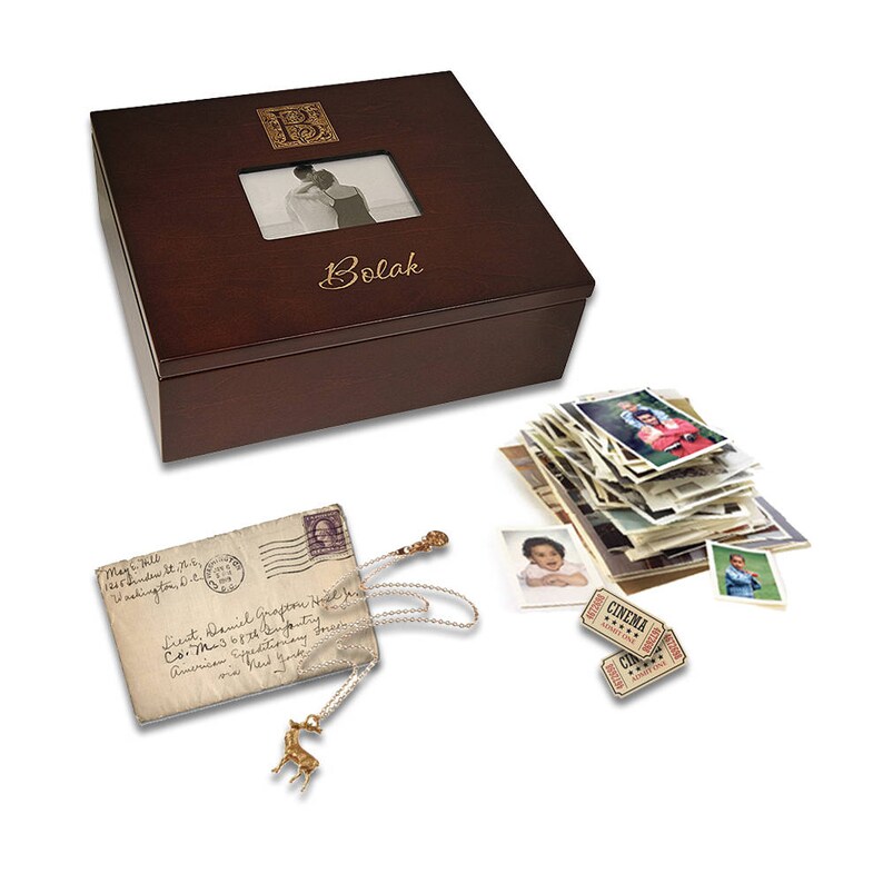 Monogram Wooden Keepsake Box With Photo Frame Personalized Image 0
