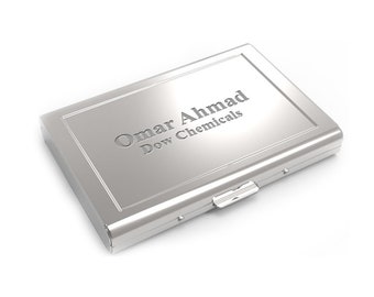 Polished Silver Engraved Business Card Case - Customized Steel Business Card Holder with Free Personalization