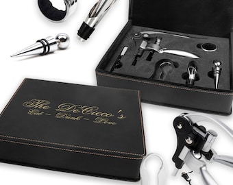 Luxury Wine Tool Set in Personalized Leather Effect Black Storage Box - Engraved Wine Accessories Home Gift Set including Lever Corkscrew