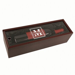 May include: A wooden wine box with a clear glass top, showcasing a bottle of red wine with a personalized label featuring the letter "M".