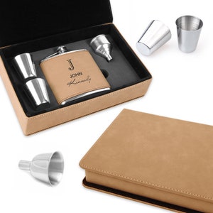 Light Brown & Black Full Name Monogram Flask Set - Free Personalization