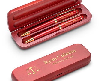 Lawyer Theme Personalized Cherry Finish Double Pen Set for Lawyers
