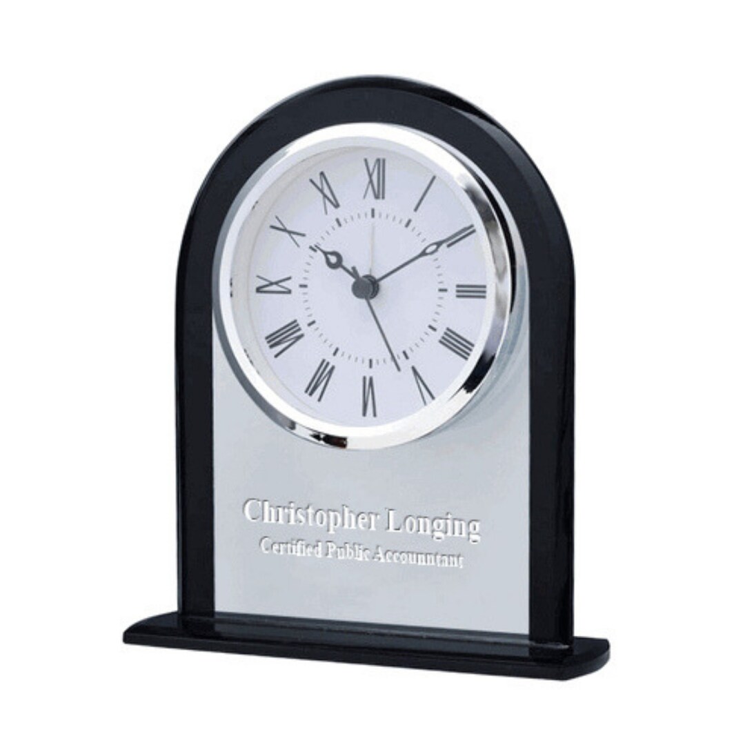 Personalized Clear & Black Crystal Dome Desk Clock Customized Glass