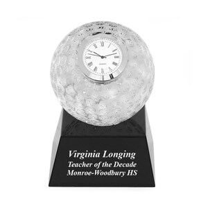Crystal Golf Ball Clock with Personalized Black Glass Base - Customized Desk Tabletop Clock with Free Engraving