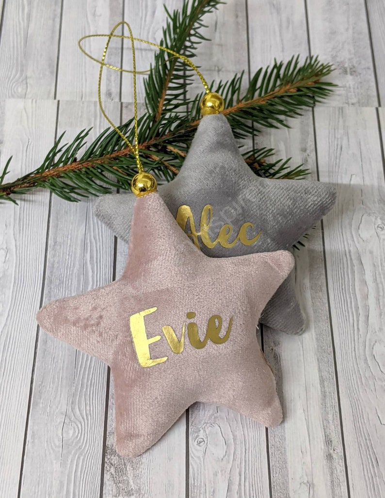Personalised velvet star Christmas tree decorations. Christmas tree baubles. Personalised baubles. Personalised Xmas ornaments. 2021. 