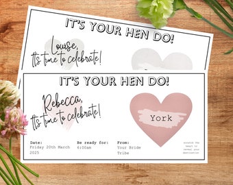 Personalised hen do scratch card. Hen do reveal. Hen do announcement. Bachelorette. Cards for the bride. Bride Tribe. Personalised wedding.