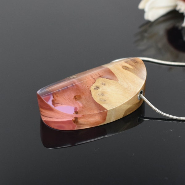 Wood Resin Pendant, Statement Jewelry, Unique Necklace, Resin Pendant, Hippie Jewelry, Pink Resin Necklace, Gift for mom, Boho Chic