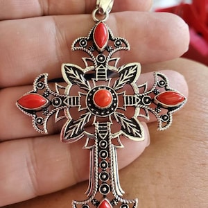 Lace Cross Pendant With 5 Red Coral Stones!